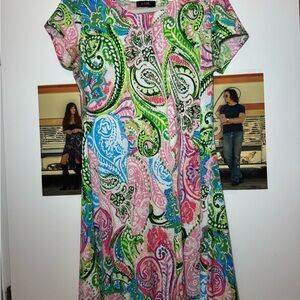 MSK Pink and Green A-line Midi Dress with Crew Neck